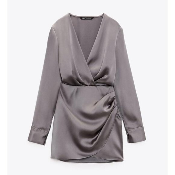 Zara Dresses & Skirts - ZARA SATIN WRAP DRESS Charcoal SIZE S | 2111/331